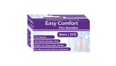 Easy Comfort Insulin Pen Needles 31G 5mm box of 100, fine gauge single-use disposable pen needles for most insulin delivery systems, NDC 91237-0001-63