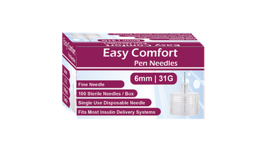 Easy Comfort Insulin Pen Needles 31G 6mm box of 100, fine gauge single-use disposable pen needles for most insulin delivery systems, NDC 91237-0001-73