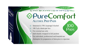 Pure Comfort Alcohol Pads for sanitizing and disinfecting skin before injections or procedures.