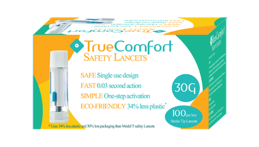 True Comfort Safety Lancets 30G, 100 count for safe, painless blood glucose testing.